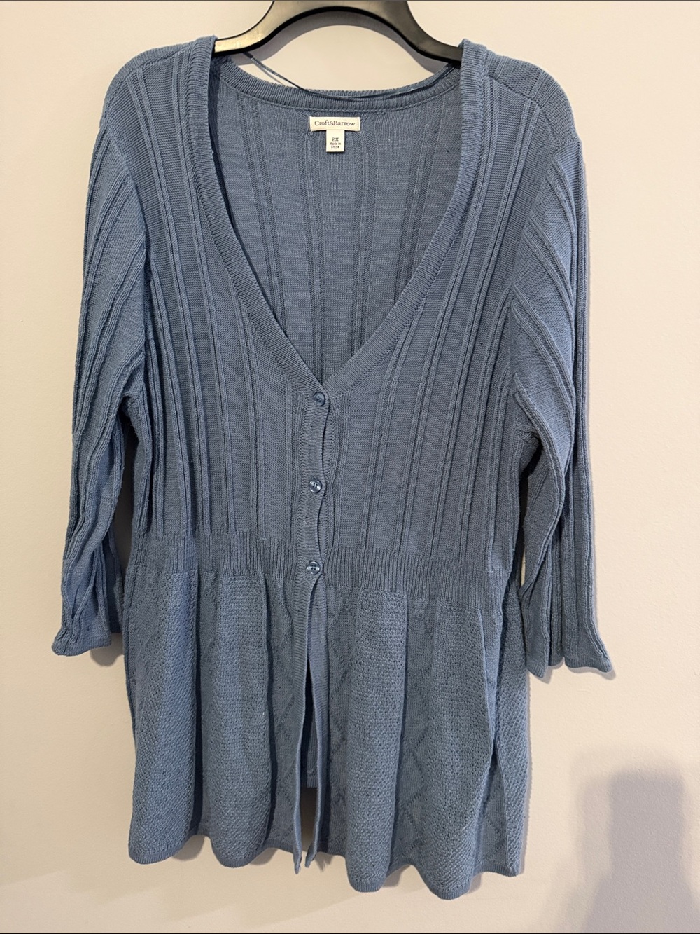 croft & barrow Dusty Blue Ribbed V-Neck Button Peplum Cardigan